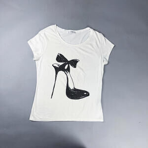 Vintage Graphic T-Shirt, Y2KWhite Shirt with Black High Heel and Bow Graphic